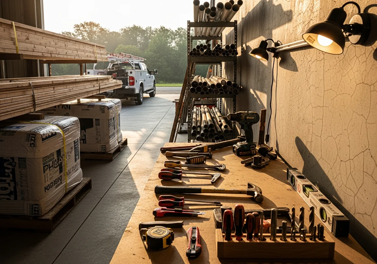 Construction site with tools, materials, and equipment ready for a residential remodeling project.