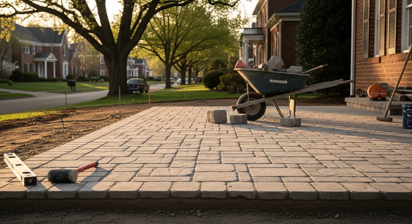 Outdoor patio with stone features and fire pit