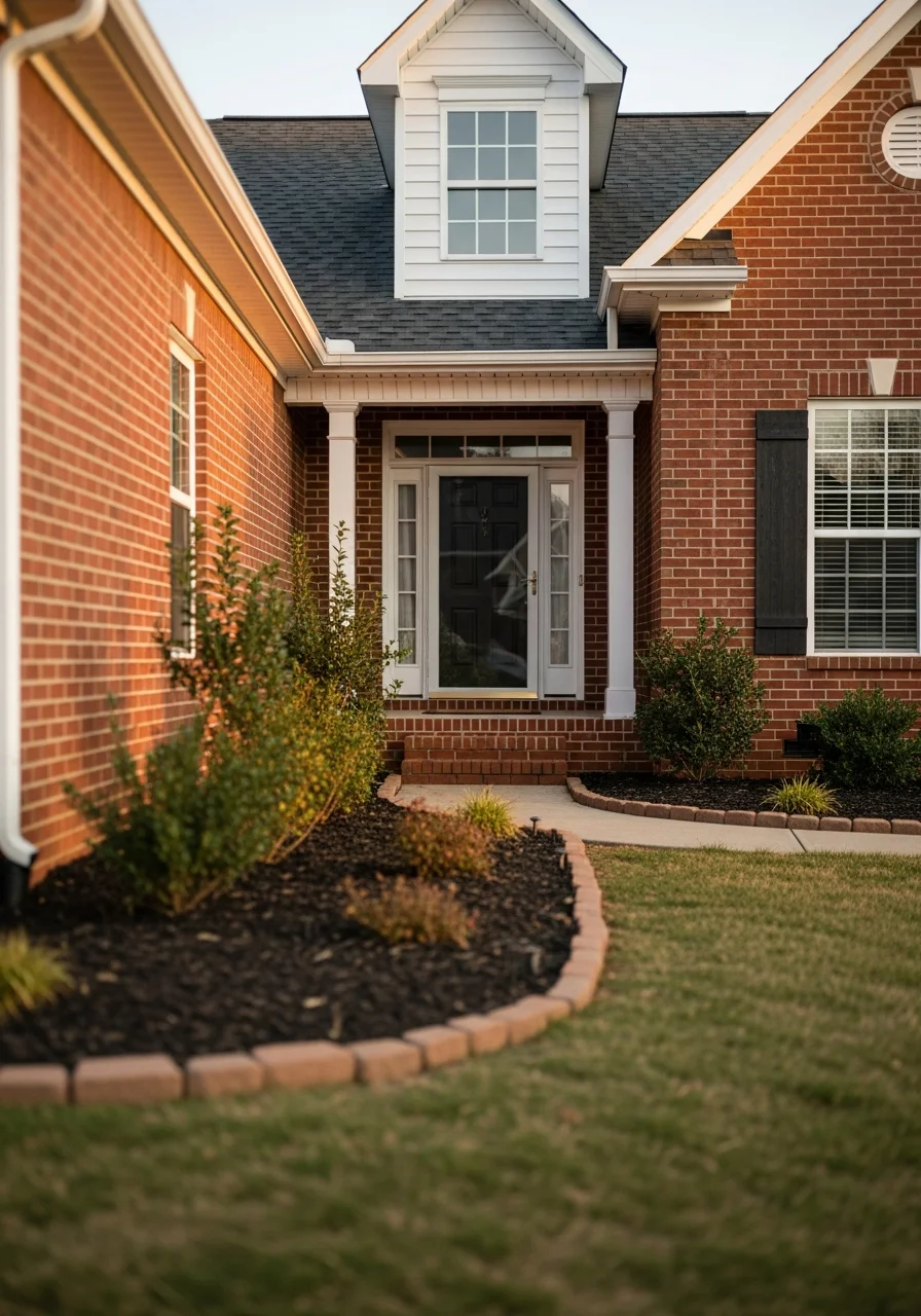 Close-up of a Columbia home's front entrance with brick detailing and landscaping.