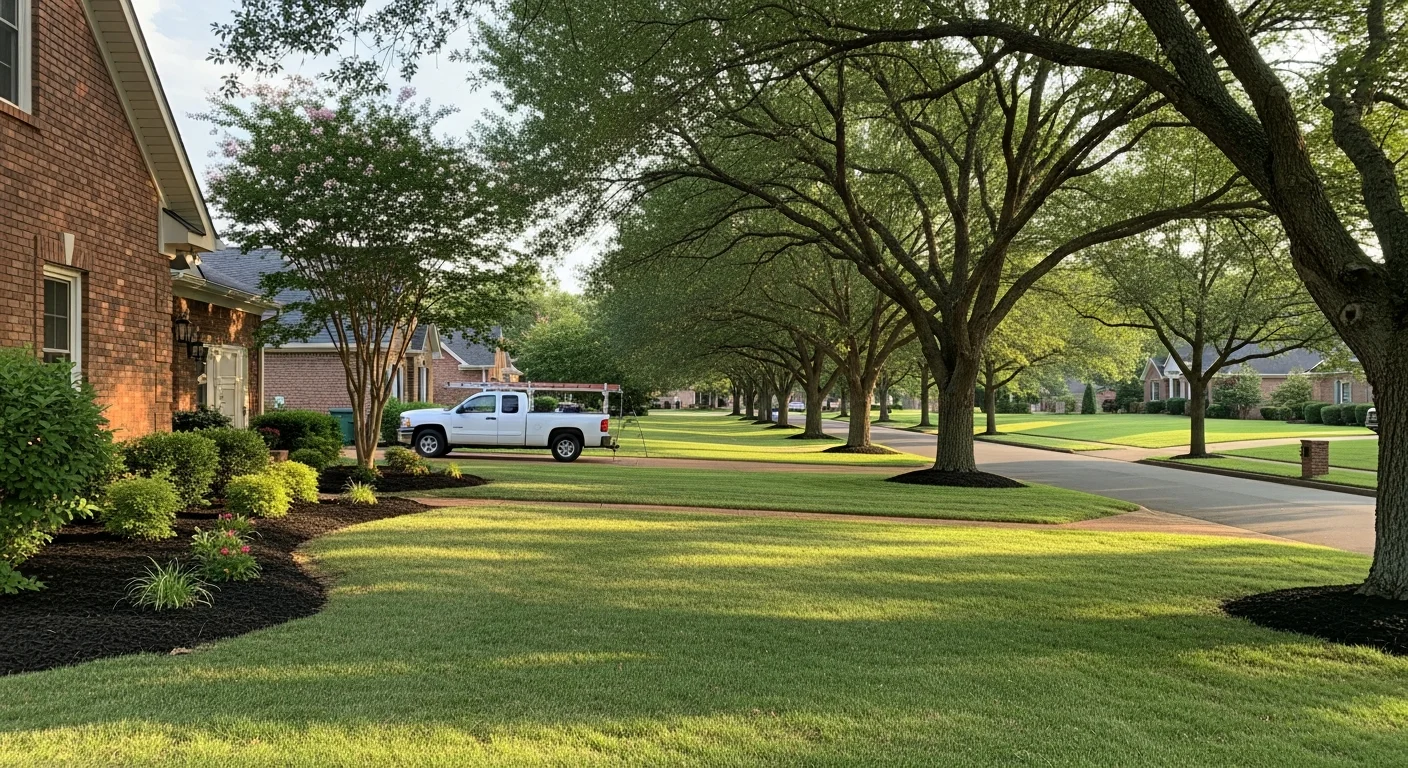 Tree-lined residential street in Columbia, TN with well-maintained homes and green lawns.