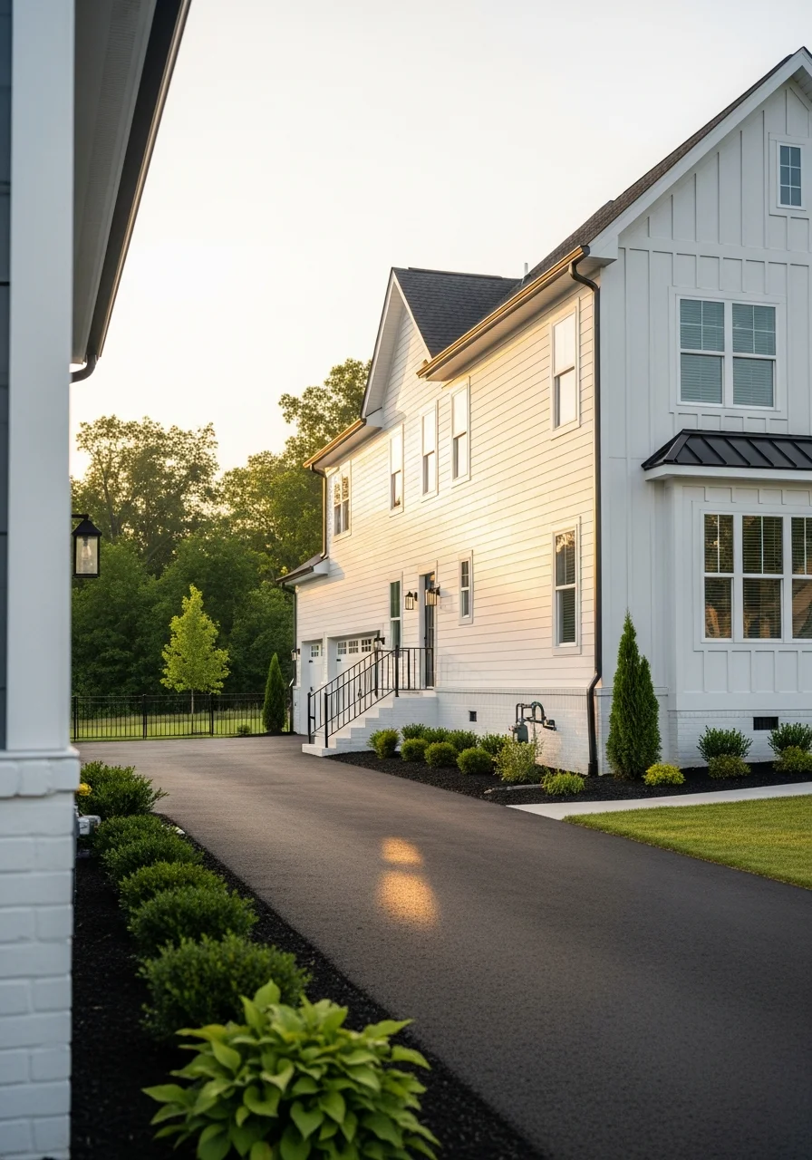 Smyrna home exterior with modern features and professional landscaping.