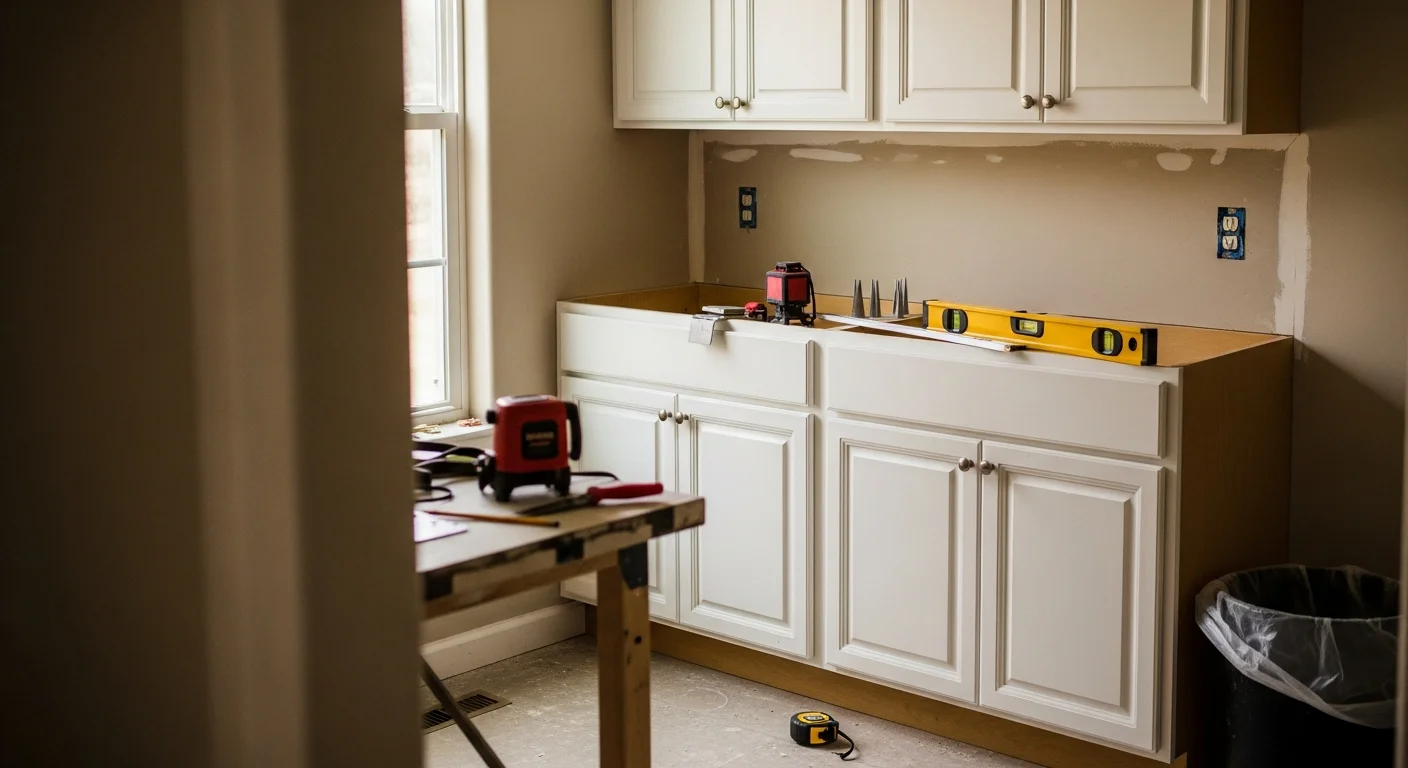 Newly installed white shaker kitchen cabinets with aligned hardware and open shelving in a Columbia, SC home remodeled by Epoch Construction LLC. Base and wall cabinets are level and flush against freshly painted walls in a mid-sized kitchen.