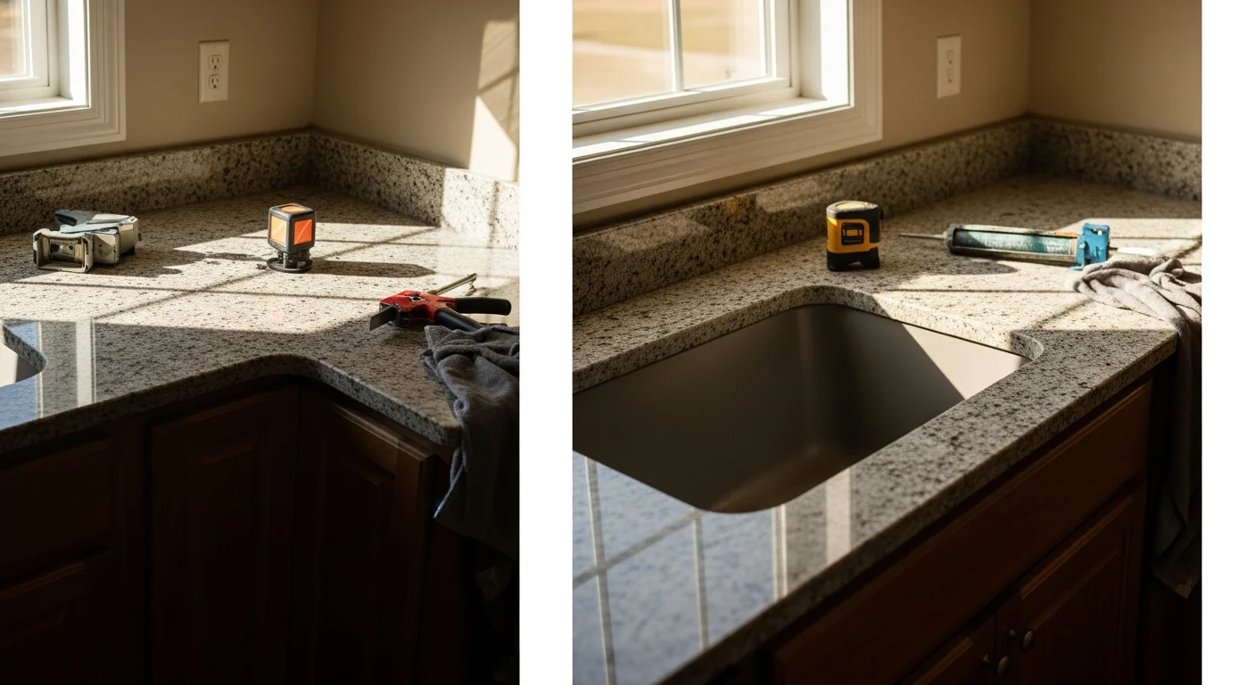 Newly installed stone countertops in a Columbia, SC kitchen remodel by Epoch Construction LLC, showing clean edge finishing and a fitted sink cutout. The updated surfaces run along full-length cabinetry in a bright, open kitchen layout.