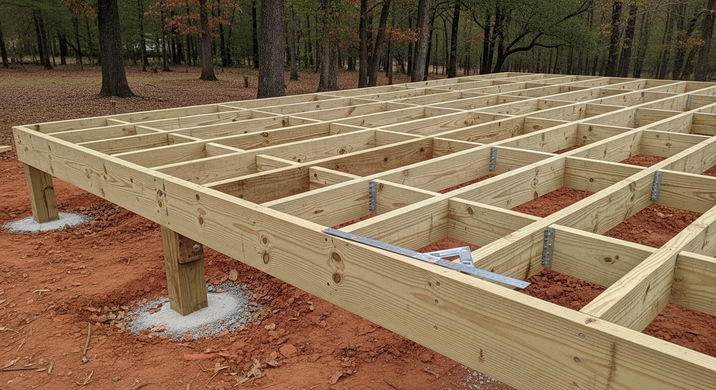 A newly built custom wood deck attached to the back of a single-family home in Columbia, SC, featuring built-in stairs and a railing system. The deck extends over a sloped backyard with visible post-and-beam framing suited to the site's grade.