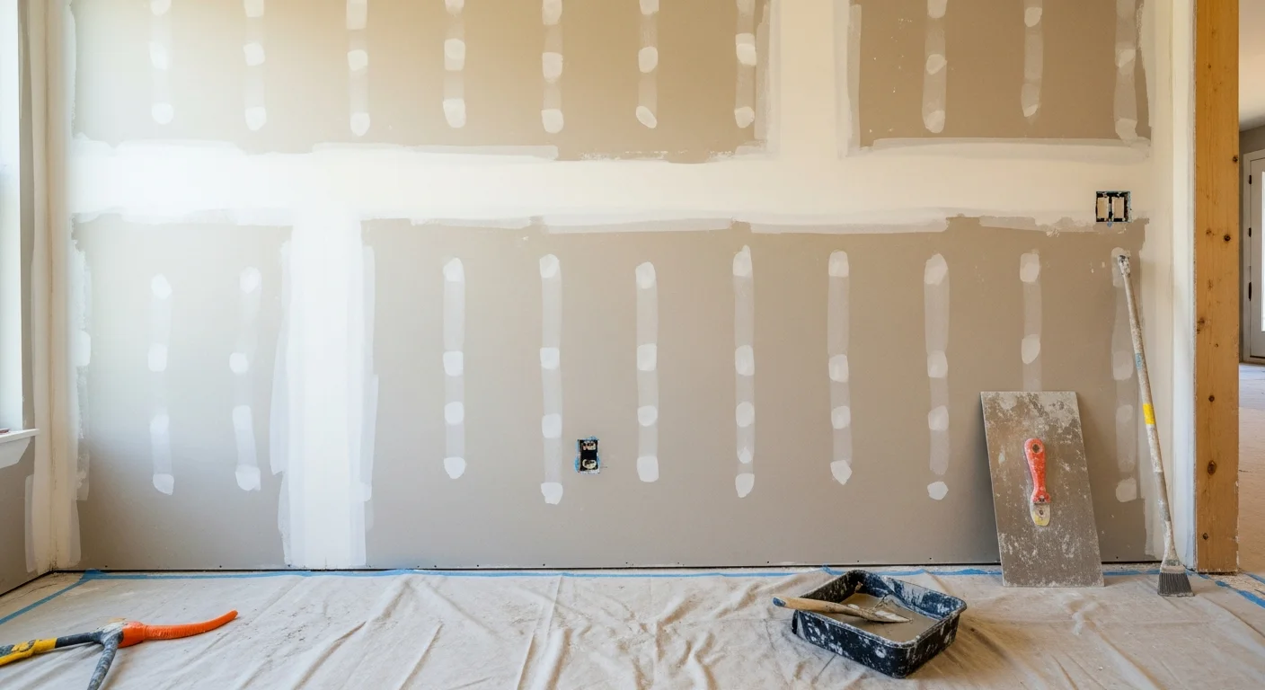 Freshly finished and sanded drywall walls in a Columbia, SC kitchen remodel, showing smooth, paint-ready surfaces with clean corner bead and no visible seams. A bare window opening and new framing are visible in the background, indicating an active remodel in progress.