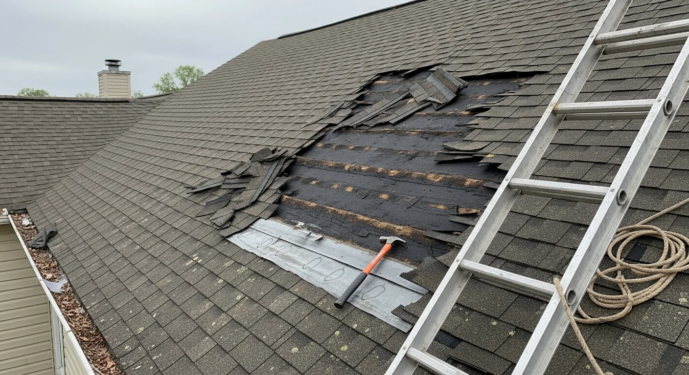 A Columbia, SC residential roof with storm damage showing missing shingles and exposed decking after a severe thunderstorm. An Epoch Construction LLC crew member inspects the damaged section from a ladder during an emergency roof repair visit.