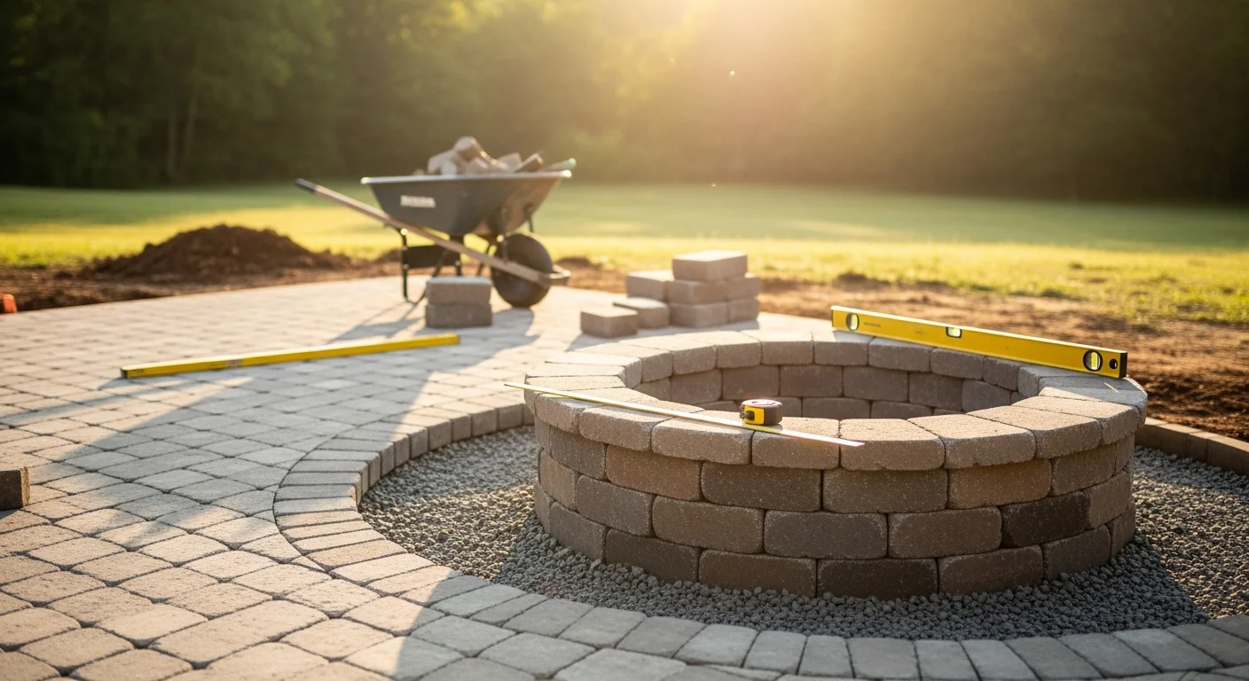 A completed built-in fire pit with a stone surround installed in a Columbia, SC backyard, integrated into a paver patio with open seating space around it. The hardscape surface and fire pit materials are consistent in color and texture, showing a cohesive outdoor living area.