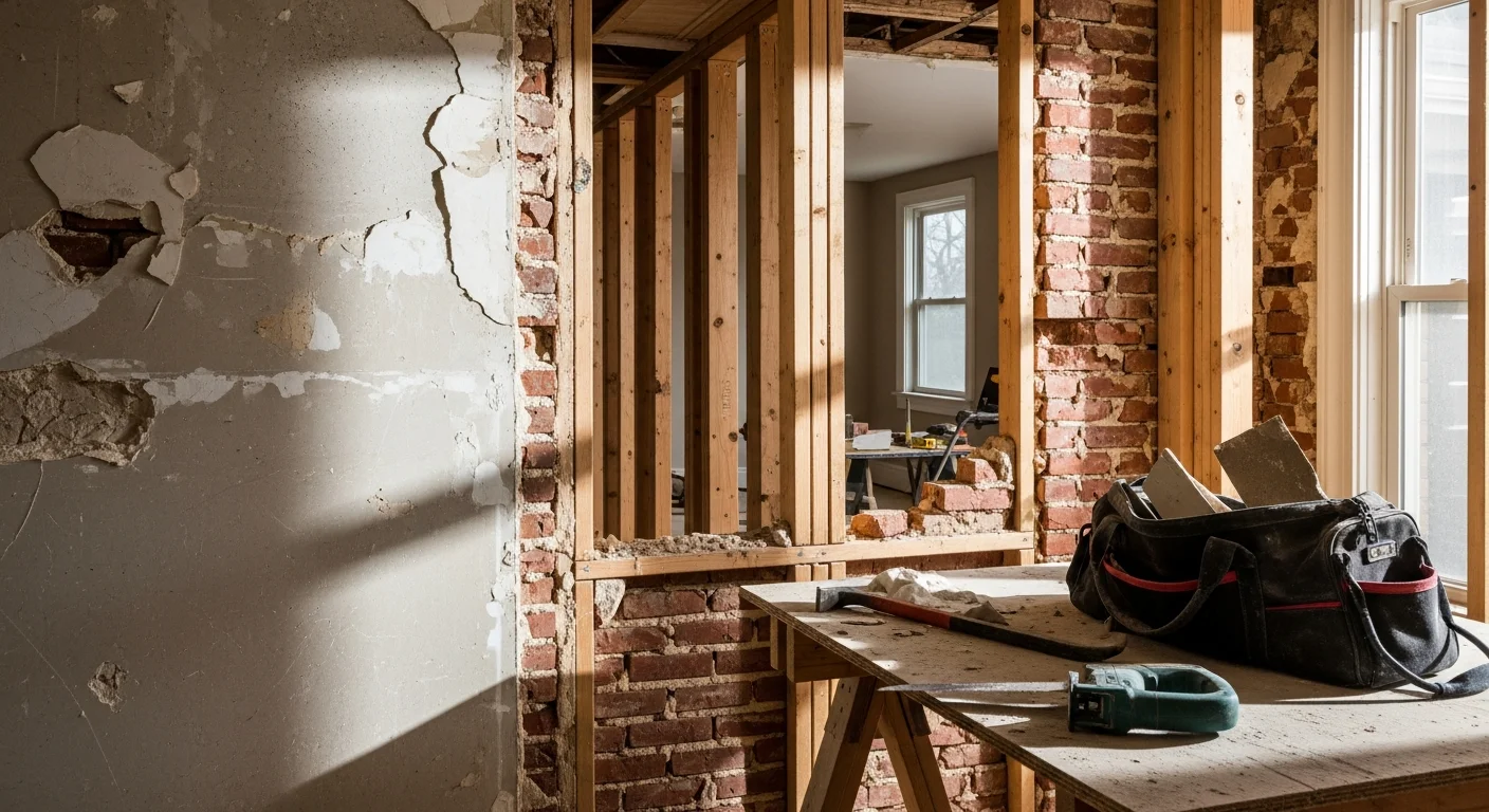 Interior of a Columbia, SC home mid-demolition with drywall removed from walls and flooring stripped down to the subfloor. A clean, open room ready for renovation framing work by Epoch Construction LLC.