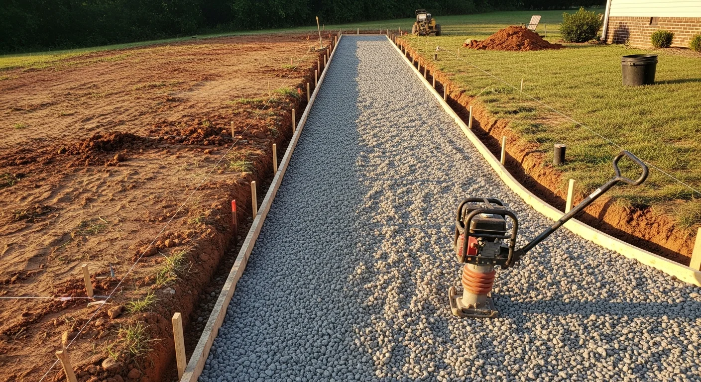 A freshly installed stone pathway cutting through a residential backyard in Columbia, SC, with a clean edge and gentle slope away from the home. The path connects a rear patio to a side yard gate on a property with green lawn on both sides.