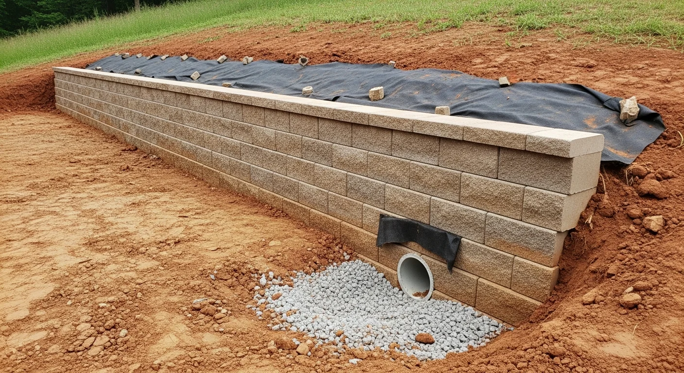 A finished retaining wall built by Epoch Construction LLC on a sloped residential lot in Columbia, SC, showing clean block coursing, level tiers, and a flat usable yard area above the wall. The surrounding landscape shows graded soil and the beginning of an outdoor living space adjacent to the structure.