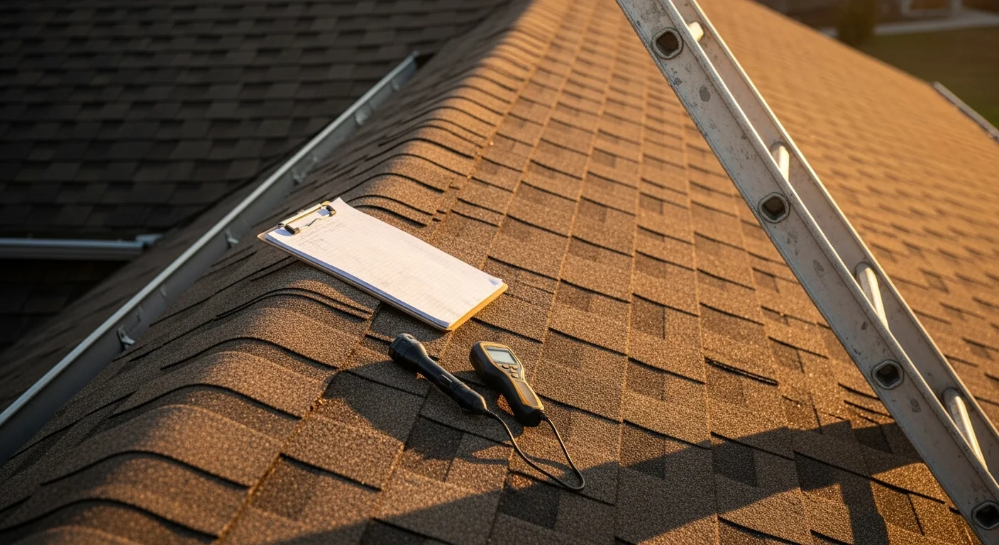 A roofing contractor from Epoch Construction LLC inspecting the shingles and flashing on a residential roof in Columbia, South Carolina. The inspector examines the roof surface up close, with a suburban neighborhood visible in the background.