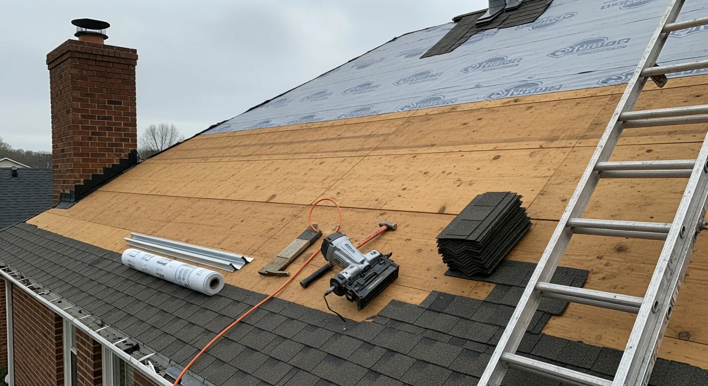 A completed roof replacement on a single-family home in Columbia, South Carolina, showing a freshly installed roofing system with new flashing and clean ridge lines. The home exterior reflects the mature residential character common across Columbia neighborhoods.