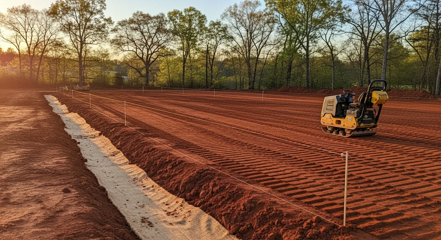 A graded and compacted residential lot in Columbia, SC with cleared vegetation and level soil ready for foundation work. Heavy equipment tracks are visible across the prepared building pad on a sunny Midlands day.