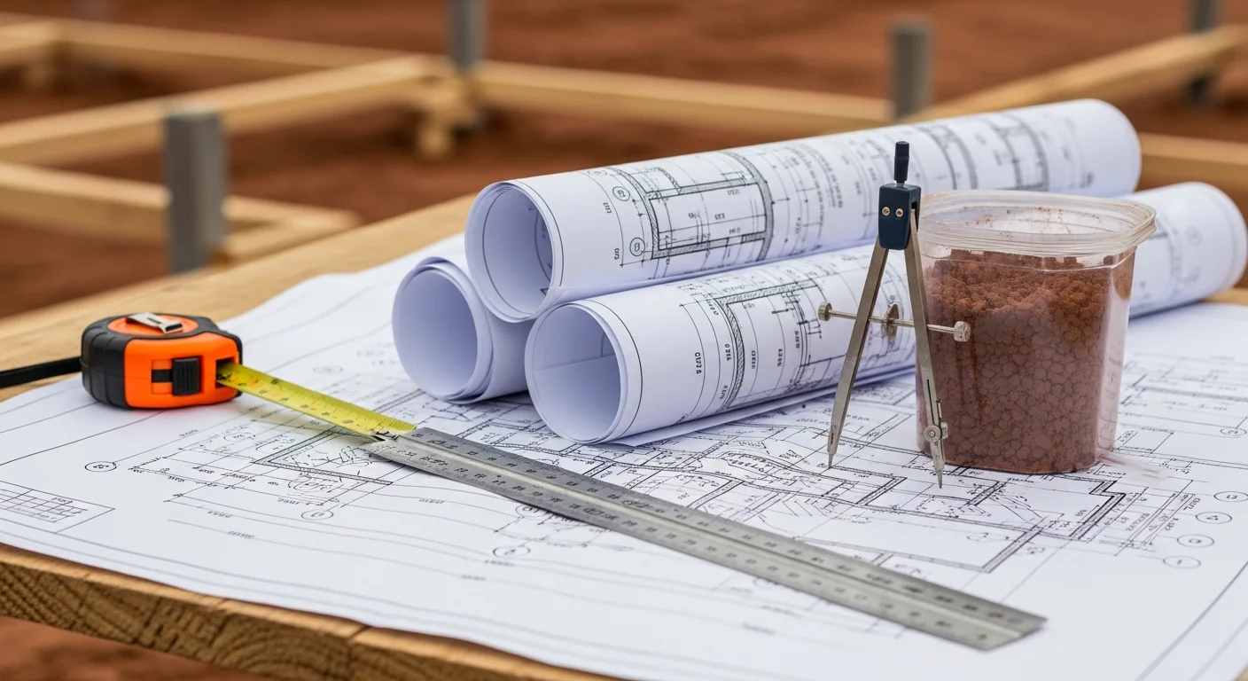 A general contractor reviewing structural framing plans on a active construction site in Columbia, SC. The image shows exposed floor joists and load-bearing wall framing on a residential addition project.